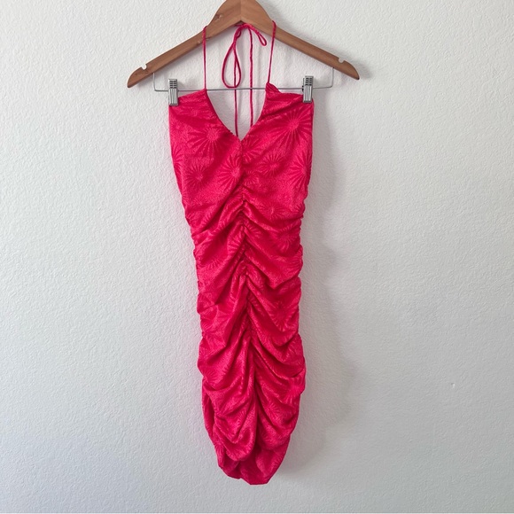 Zara Red Flower Jacquard Draped Ruched Dress Sz S - Picture 2 of 6